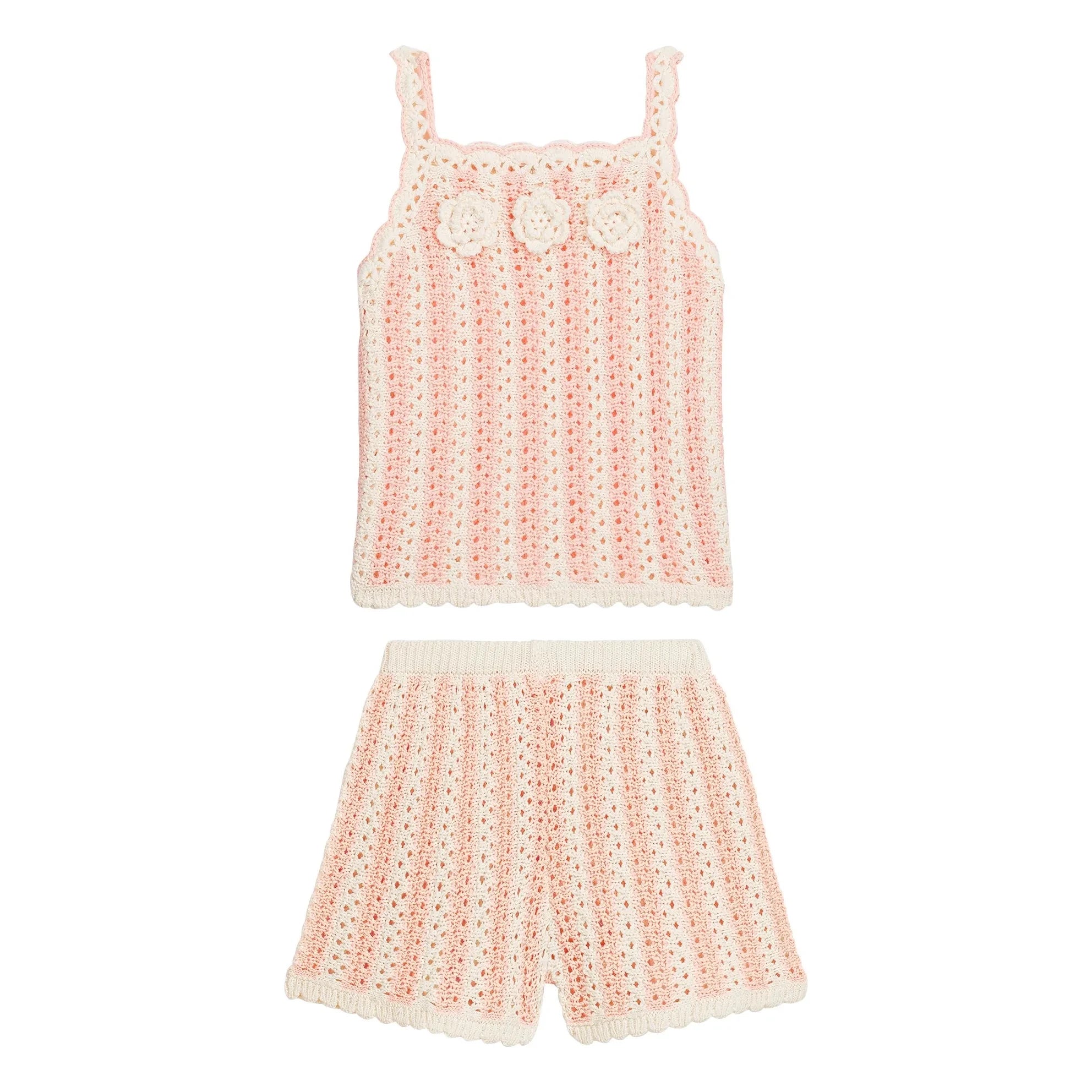 Louise Misha - Openwork Lary Striped Top and Shorts Set | Pink
