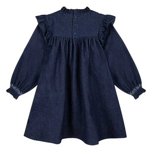 Bonton - Babouchka Pamuklu Chambray Fırfırlı Elbise | Koyu Mavi