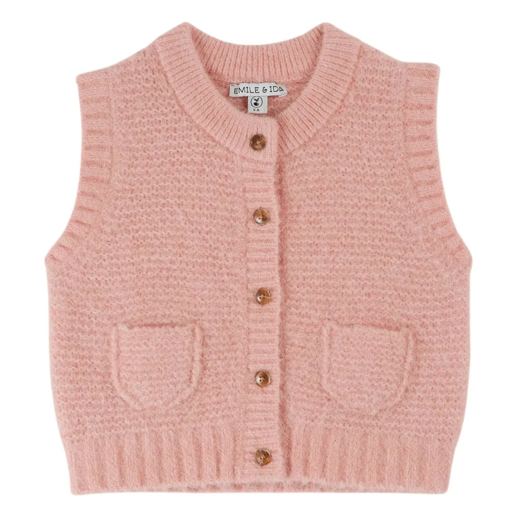 Emile et Ida - Plain Wool Sleeveless Cardigan | Light Pink