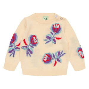 FUB - İnce Örgü Merinos Yünü Bebek Kazağı, Çiçek Desenli | Krem