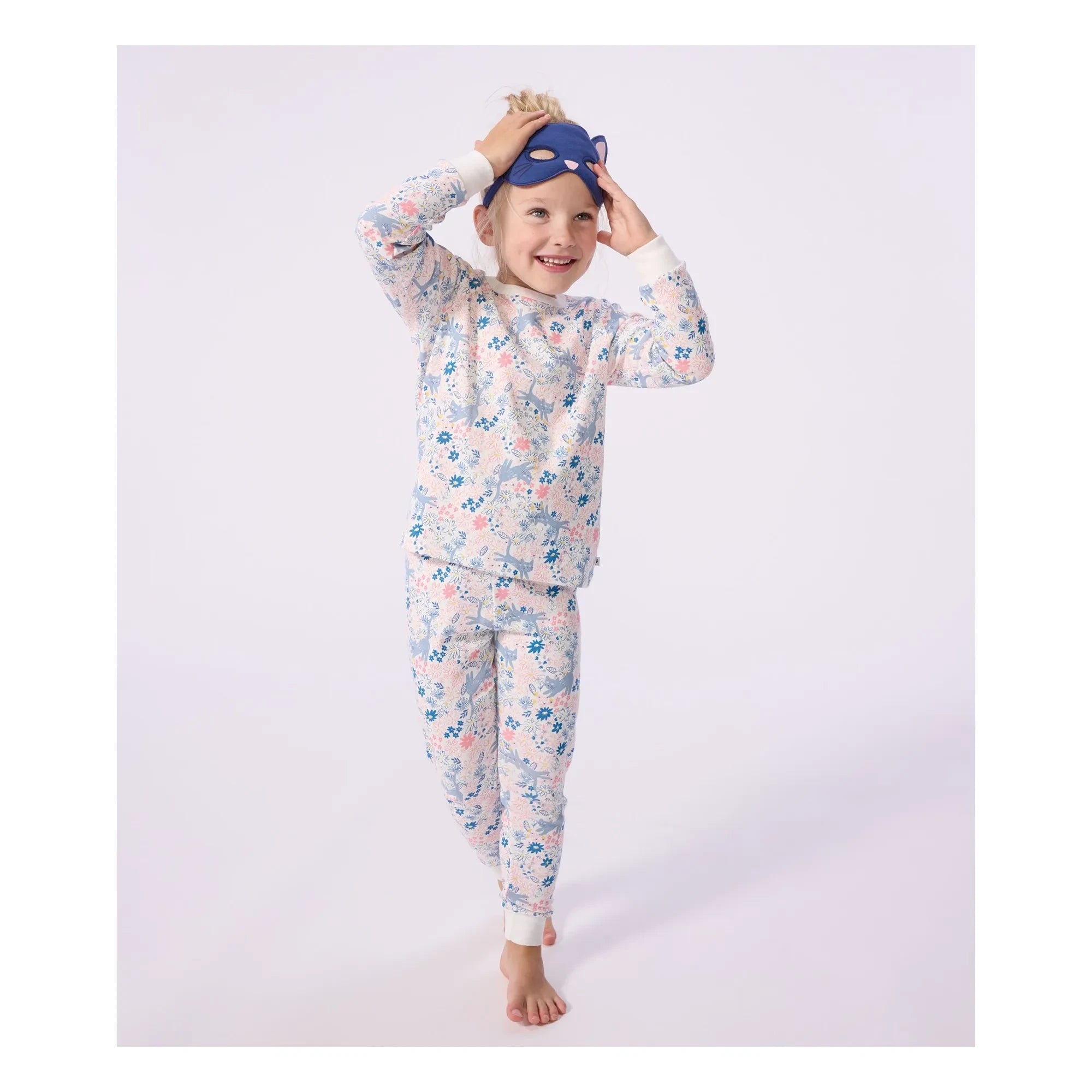 Petit Bateau - Organic Cotton Cat Masked and Floral Patterned Pajama Set | White