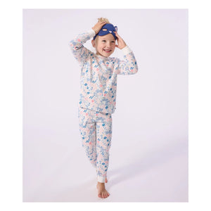 Petit Bateau - Organic Cotton Cat Masked and Floral Patterned Pajama Set | White