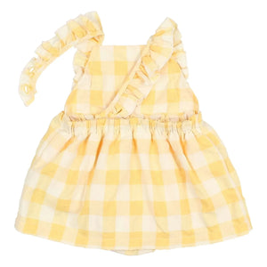 Búho - Gingham Fırfırlı Seersucker Organik Pamuklu Tulum Elbise | Sarı