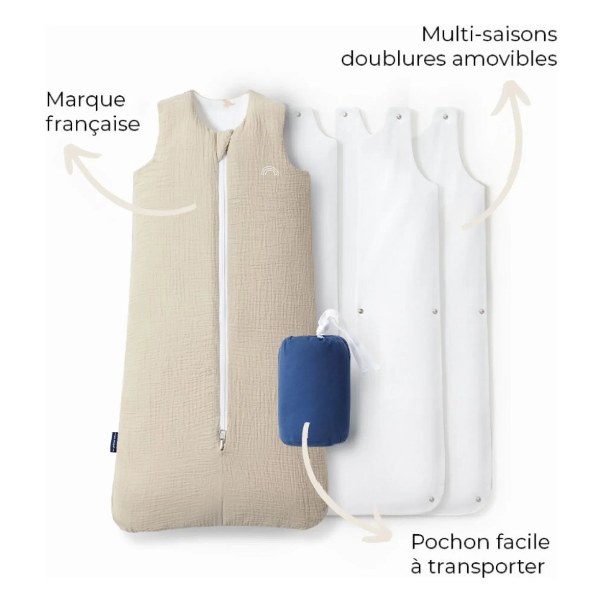Les Petites Billes - Reversible multi-season sleep suit made of double-layer muslin fabric | Beige