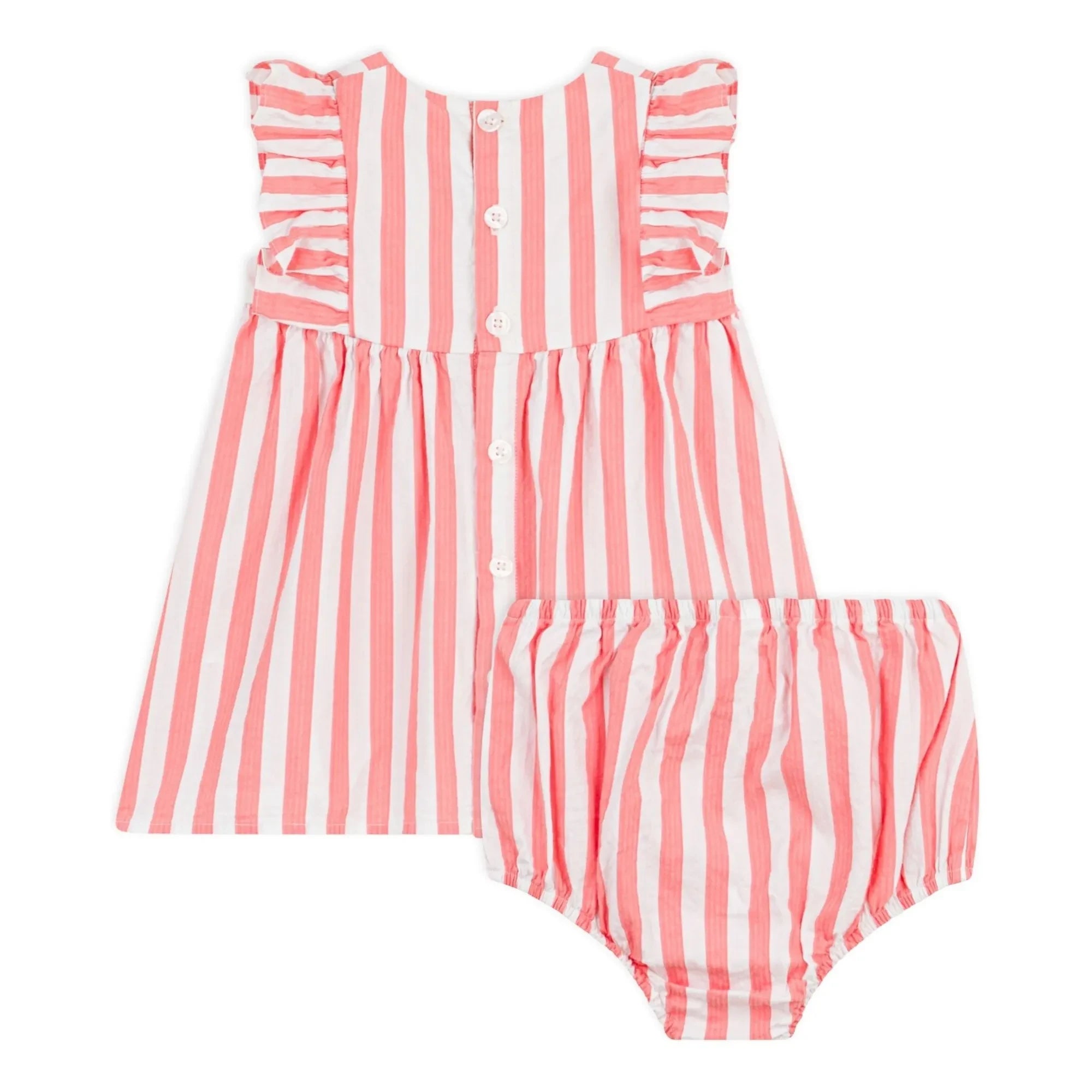 Petit Bateau - Striped Seersucker Organic Cotton Dress & Bloomer Set | Coral