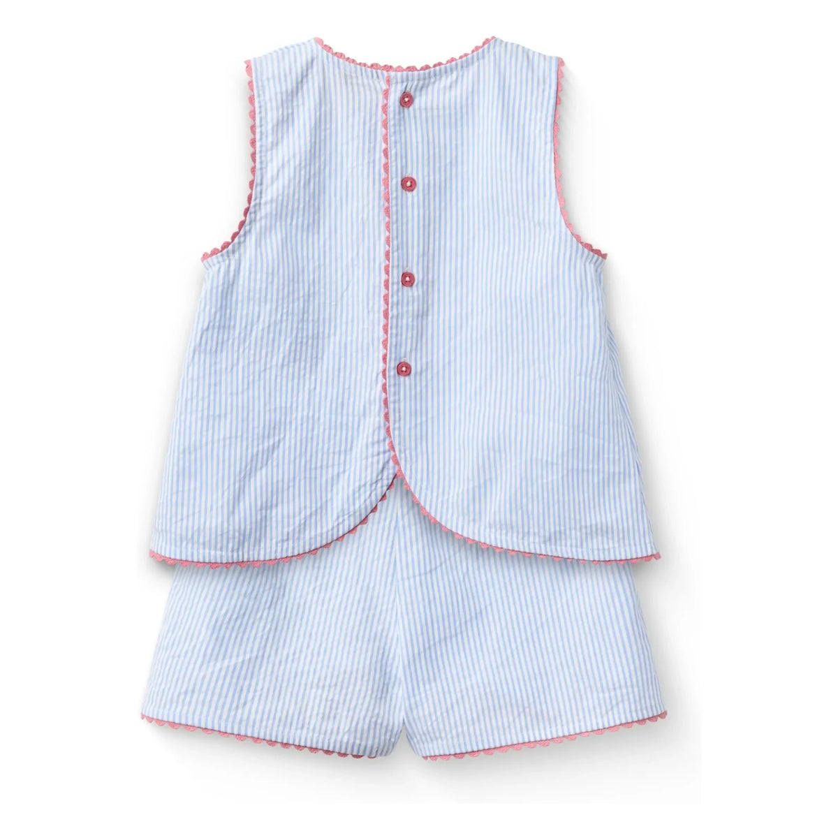 Copenhagen Colors - Striped Seersucker Organic Cotton Wavy Edge Top and Shorts Set | Light blue