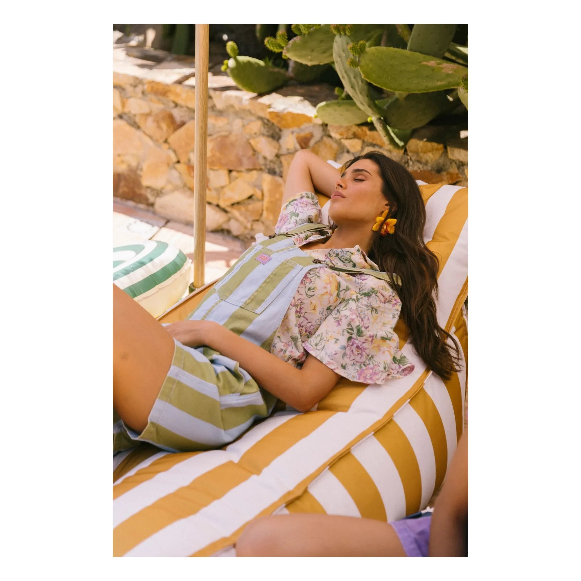 Favorite People - Ravioli Striped Short Overalls - Women's Collection | Olive