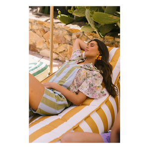 Favorite People - Ravioli Striped Short Overalls - Women's Collection | Olive