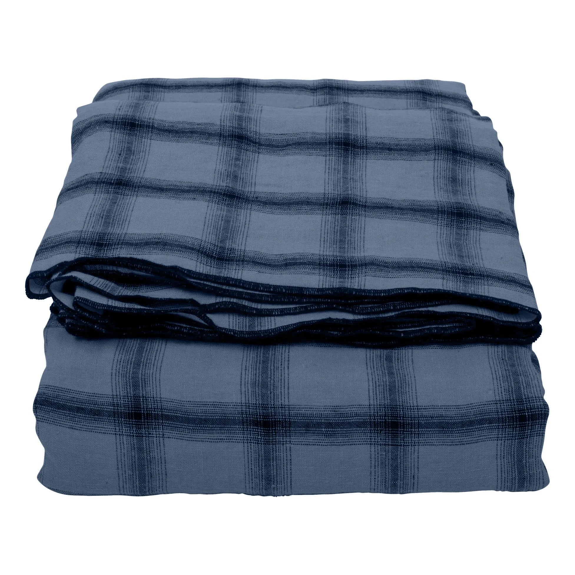 Le Monde Sauvage - Highlands Checked Washed Linen Tablecloth | Night Blue