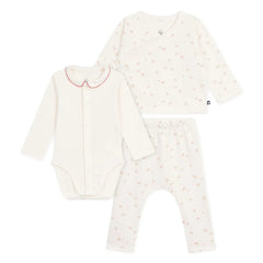Petit Bateau - Organik Pamuklu Çiçekli Body, Üstlük ve Pantolon Seti | Ekru