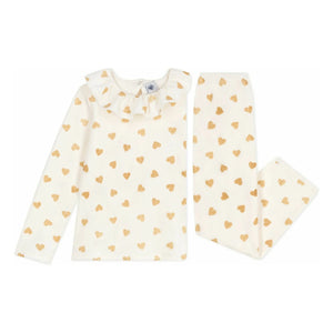 Petit Bateau - Fırfırlı Pijama Simli Kalpler Organik Pamuk | Ekru