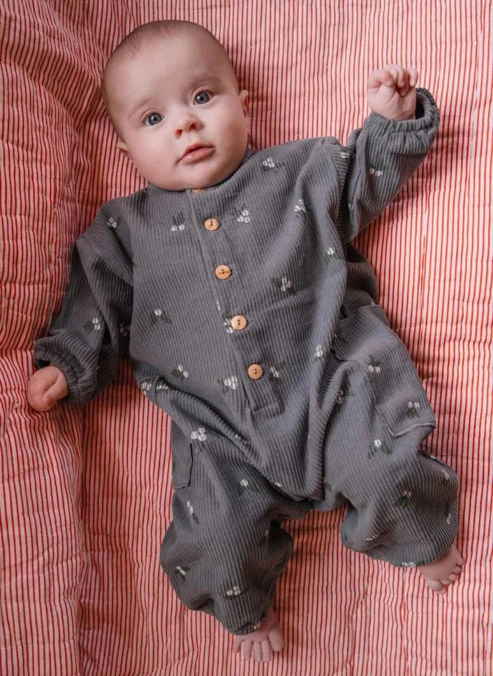 Studio Bohème - Big Papi Floral Patterned Ribbed Velvet Organic Cotton Jumpsuit | Blue
