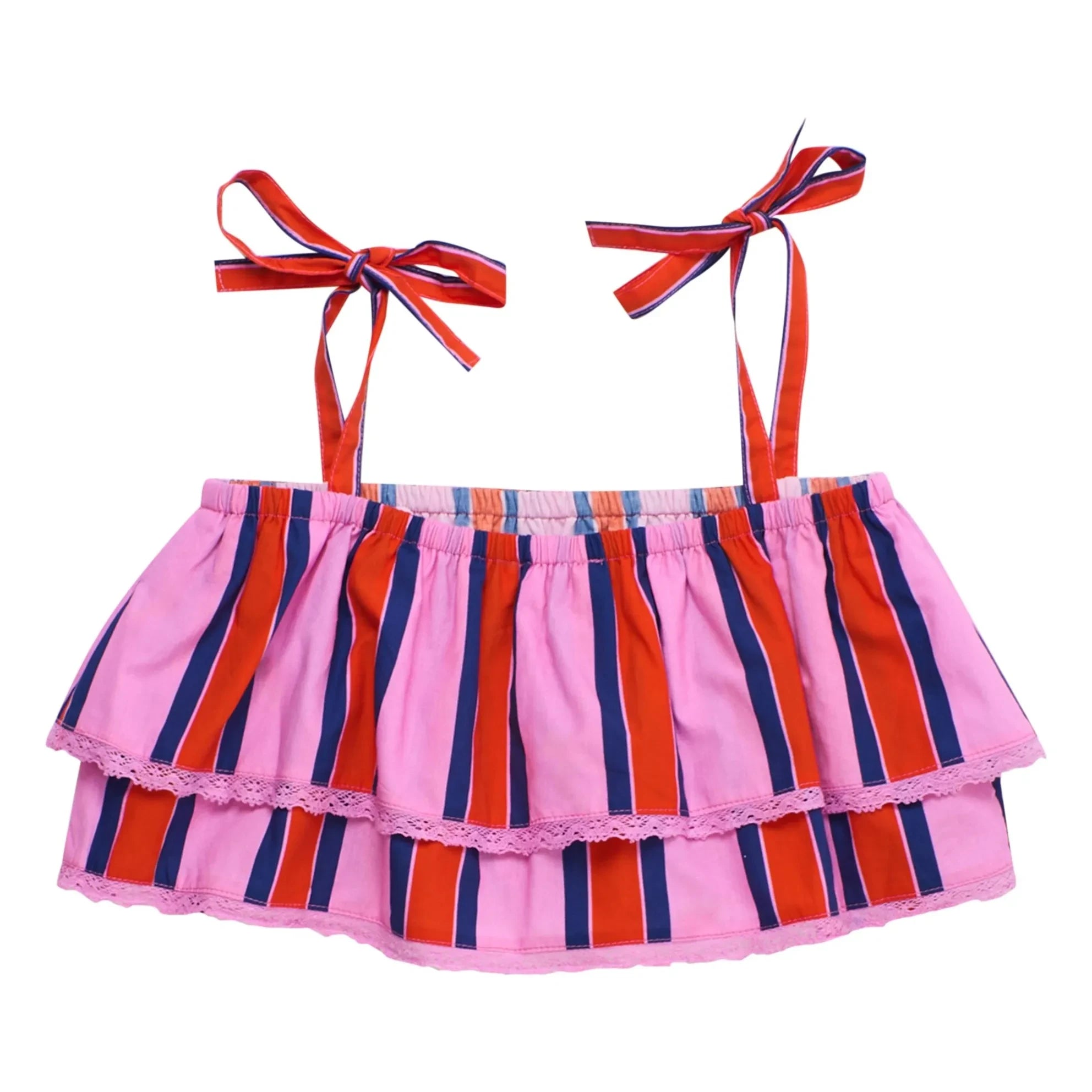 Maison Mangostan - Striped Ruffle Crop Top | Pink