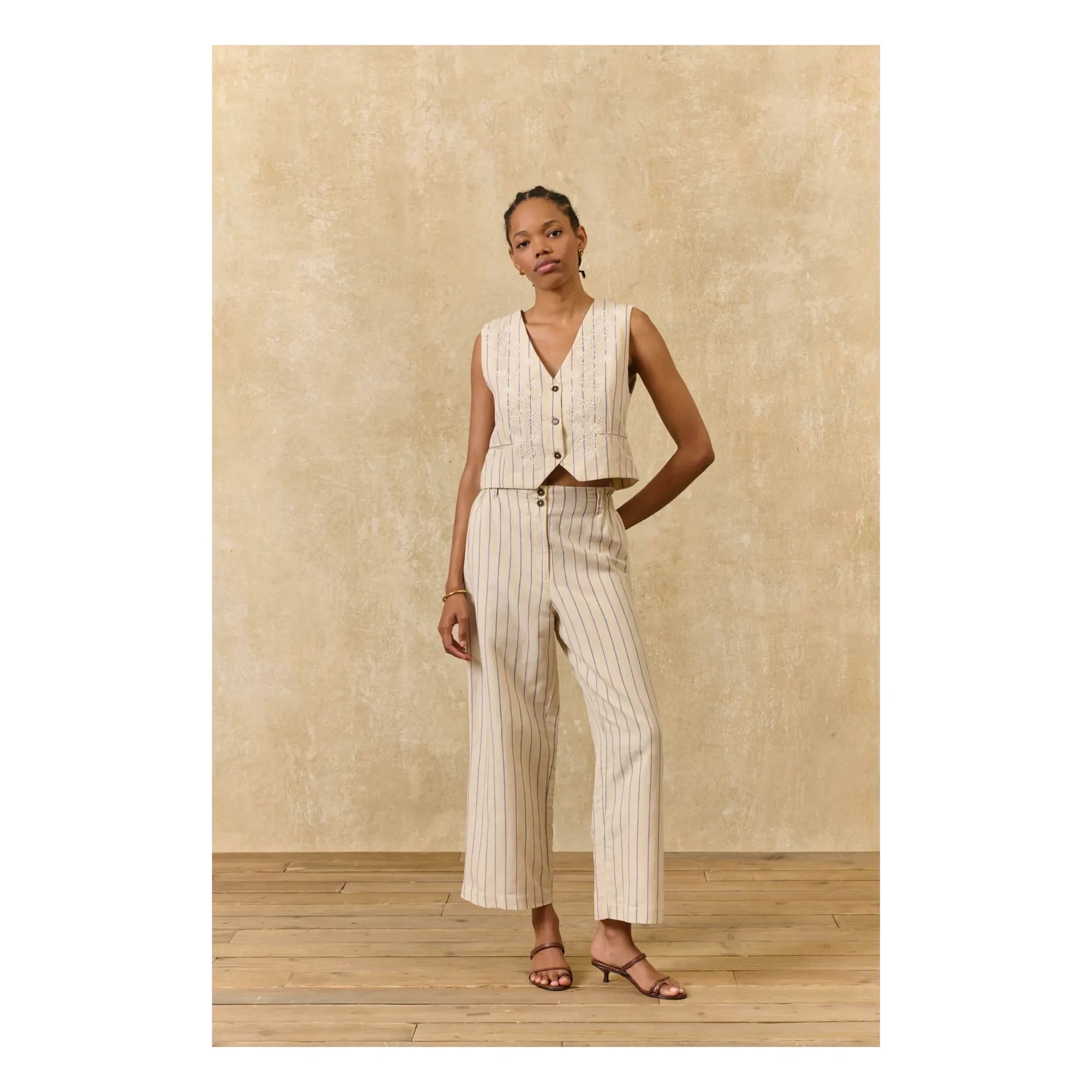 Louise Misha - Franckie Striped Linen & Cotton Vest | Cream