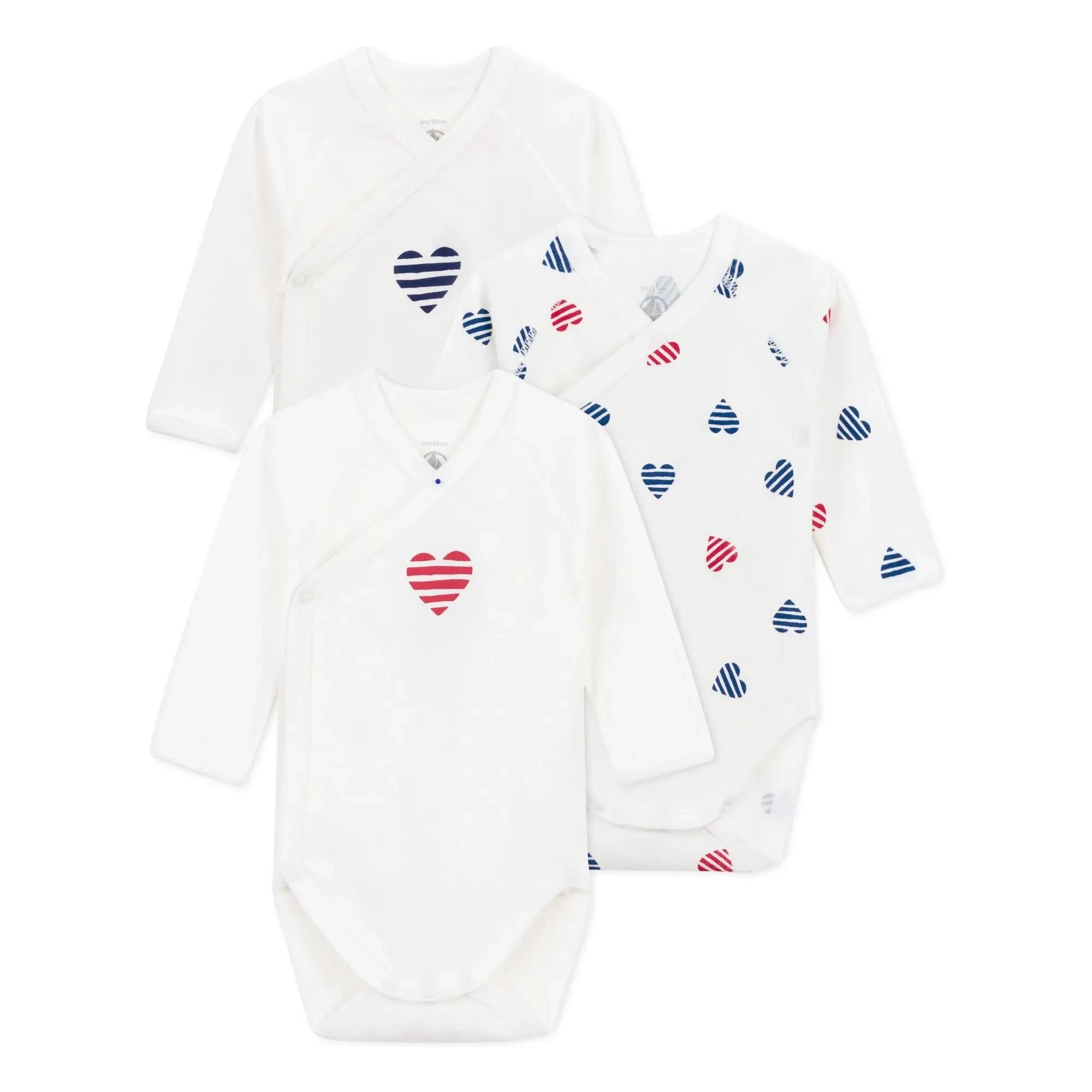 Petit Bateau - 3-Pack Striped Heart Organic Cotton Baby Bodysuit | Ecru