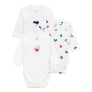 Petit Bateau - 3-Pack Striped Heart Organic Cotton Baby Bodysuit | Ecru