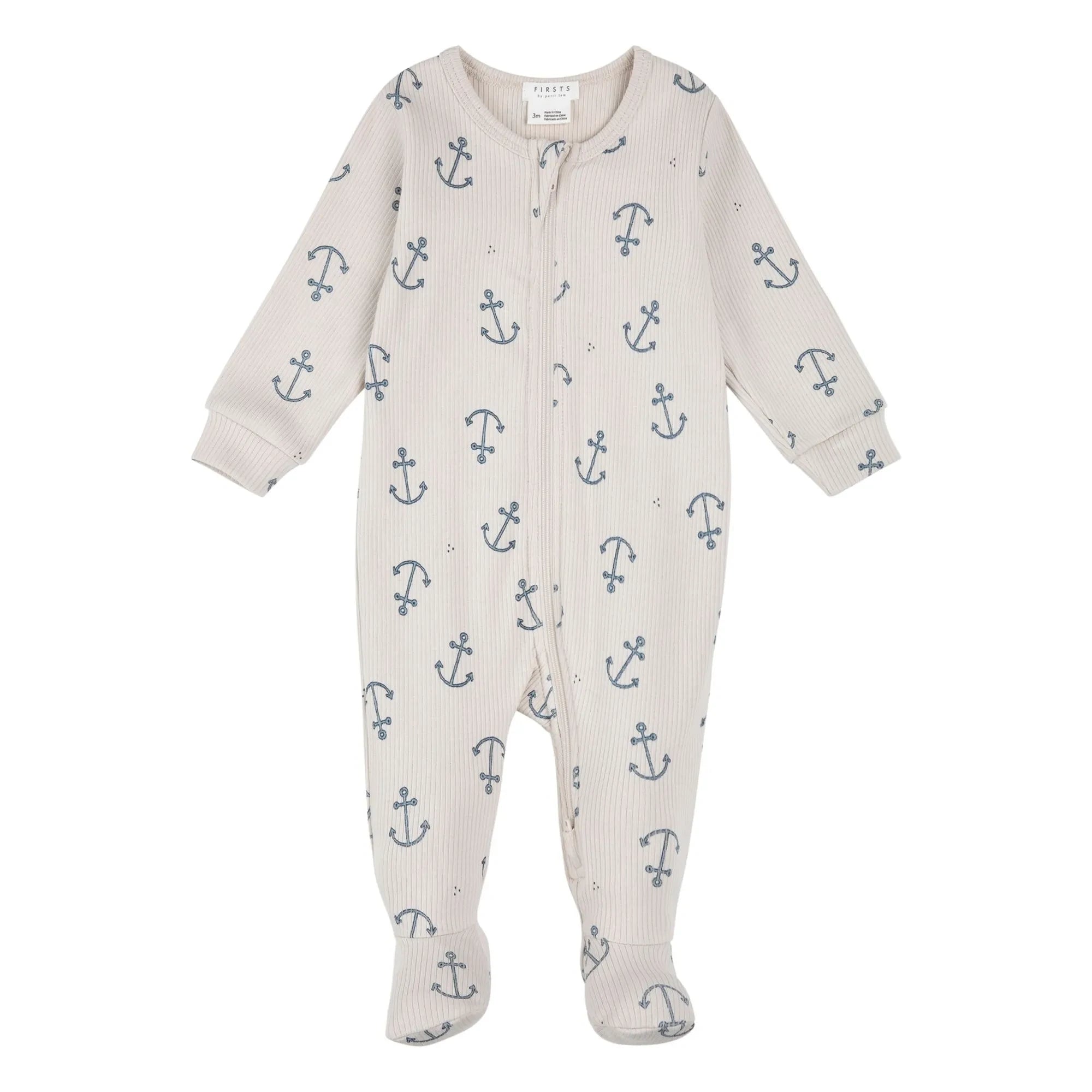 Petit Lem - Footed Jumpsuit Anchors Embossed Organic Cotton | Beige