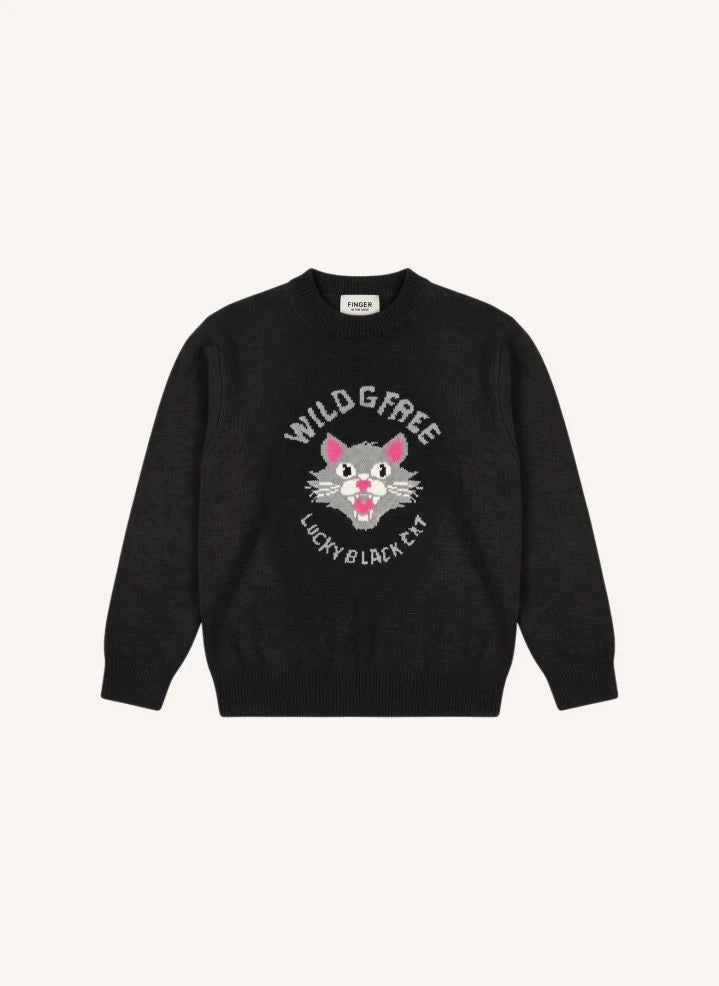Finger in the nose - Sally Black Cat Merino Wool Sweater | Black