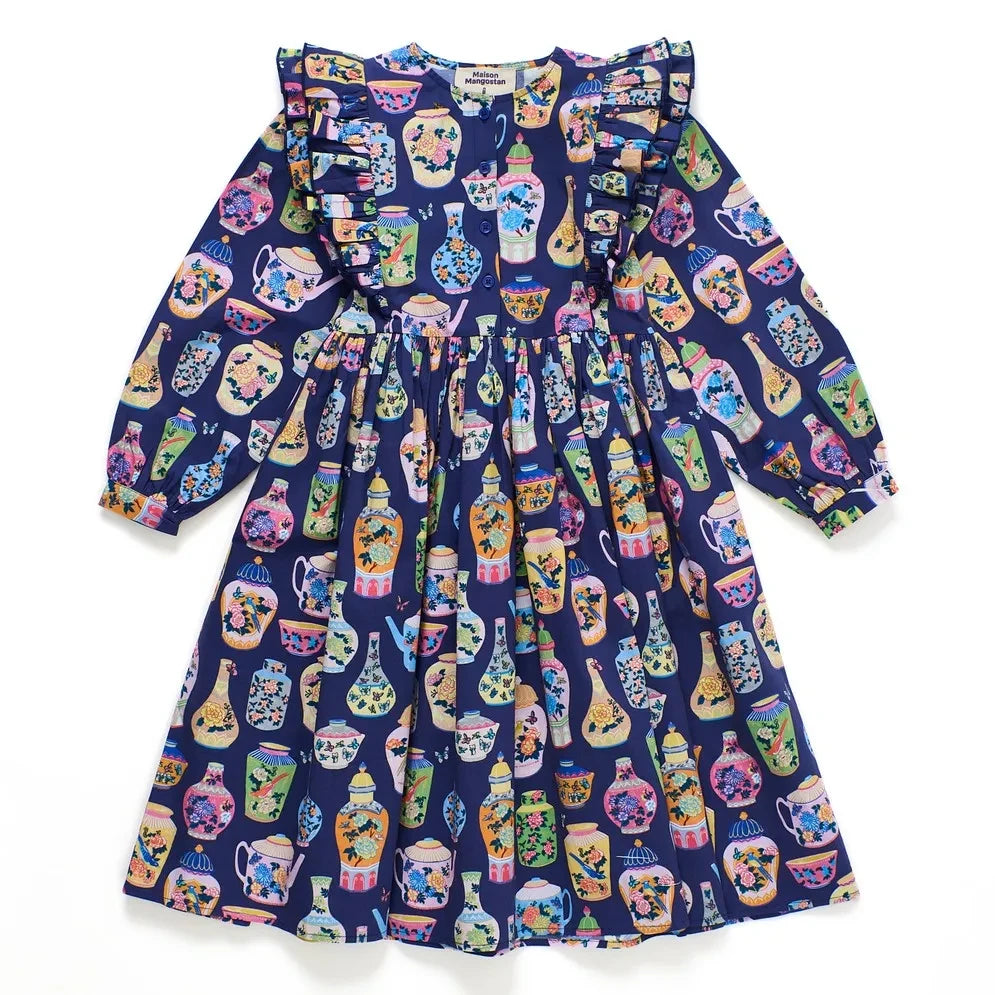 Maison Mangostan - Porcelain Volanlı Elbise | Koyu Mavi