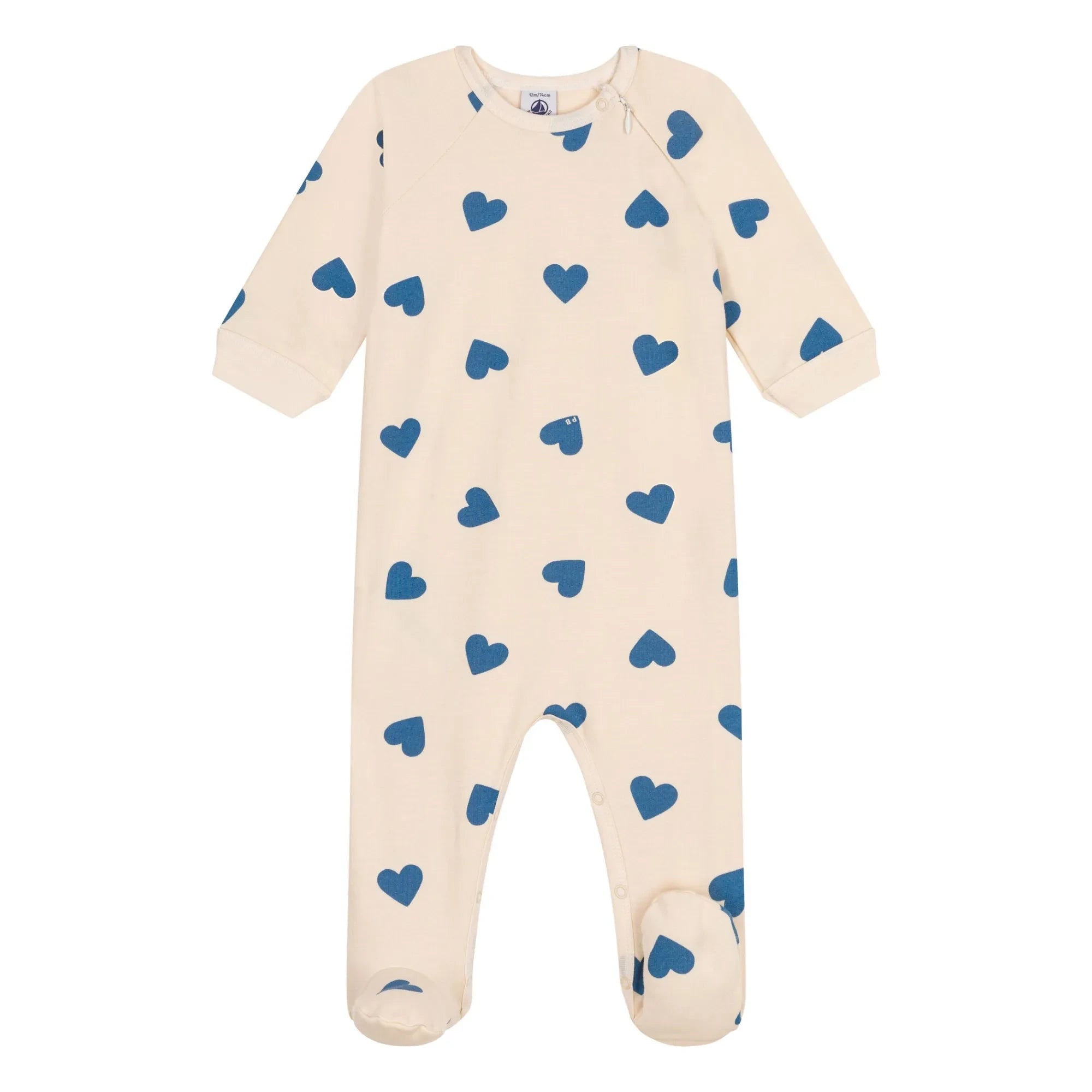 Petit Bateau - Hooded Zip Fleece Heart Pattern Pajamas | Beige