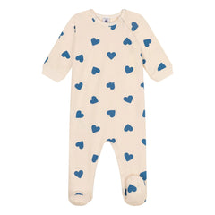 Petit Bateau - Hooded Zip Fleece Heart Pattern Pajamas | Beige