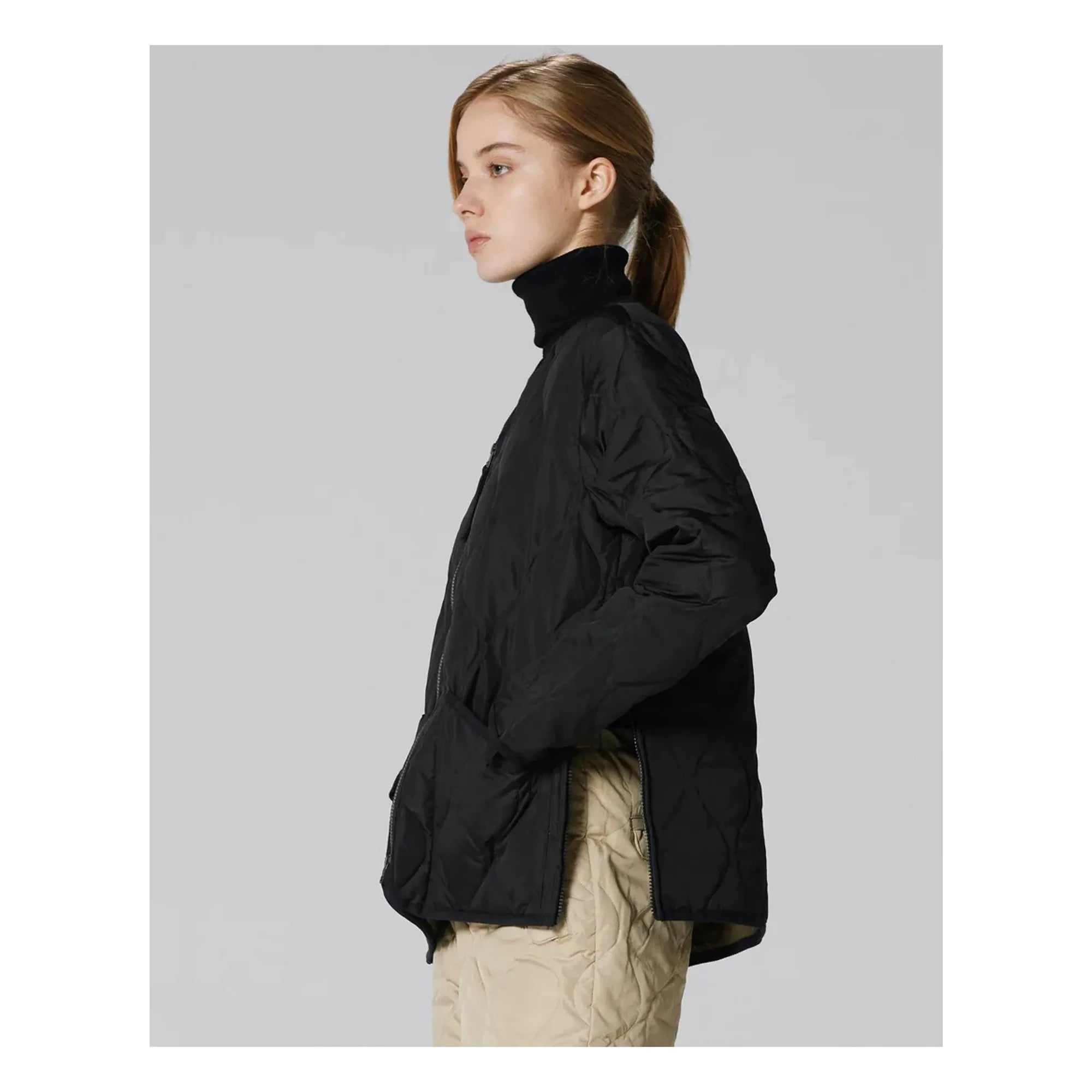 Taion - Unisex V Yaka Askeri Ceket | Siyah