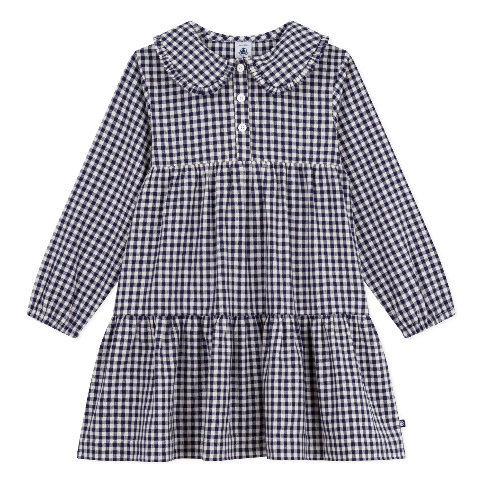 Petit Bateau - Claudine Collar Dress Organic Cotton Checkered | Navy