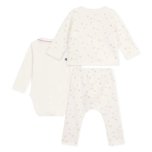 Petit Bateau - Organik Pamuklu Çiçekli Body, Üstlük ve Pantolon Seti | Ekru