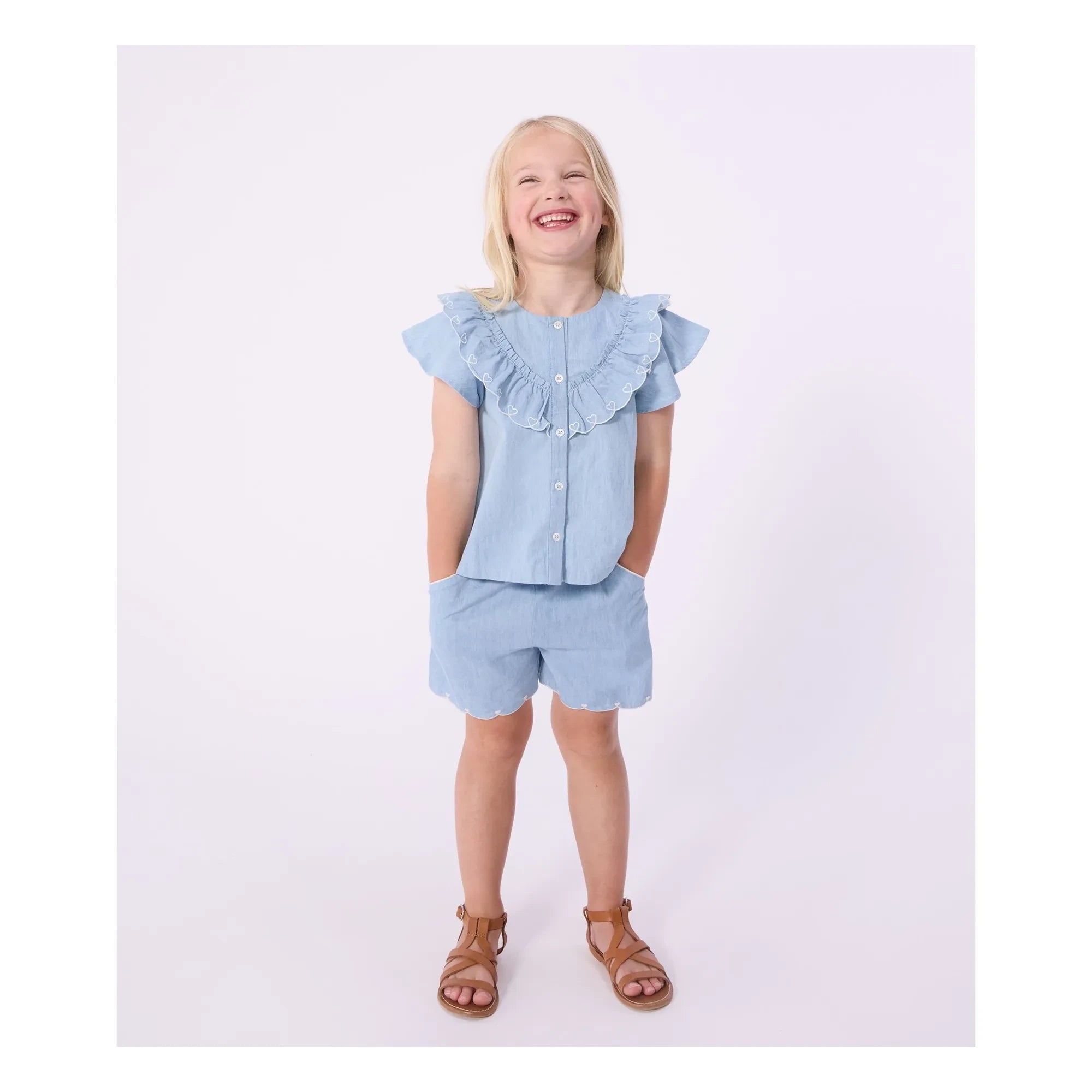 Petit Bateau - Organic Cotton Chambray Heart Shorts | Light Blue