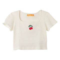 Fabula - Cherry Pattern Ribbed T-Shirt | White