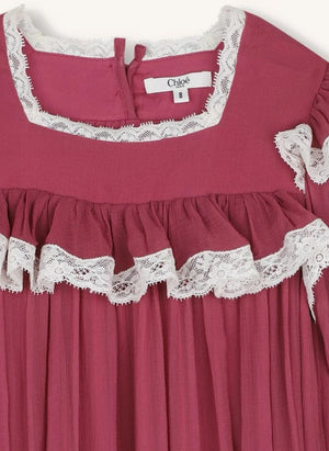 Chloé - Buruşuk İpek Dantel Elbise | Pembe