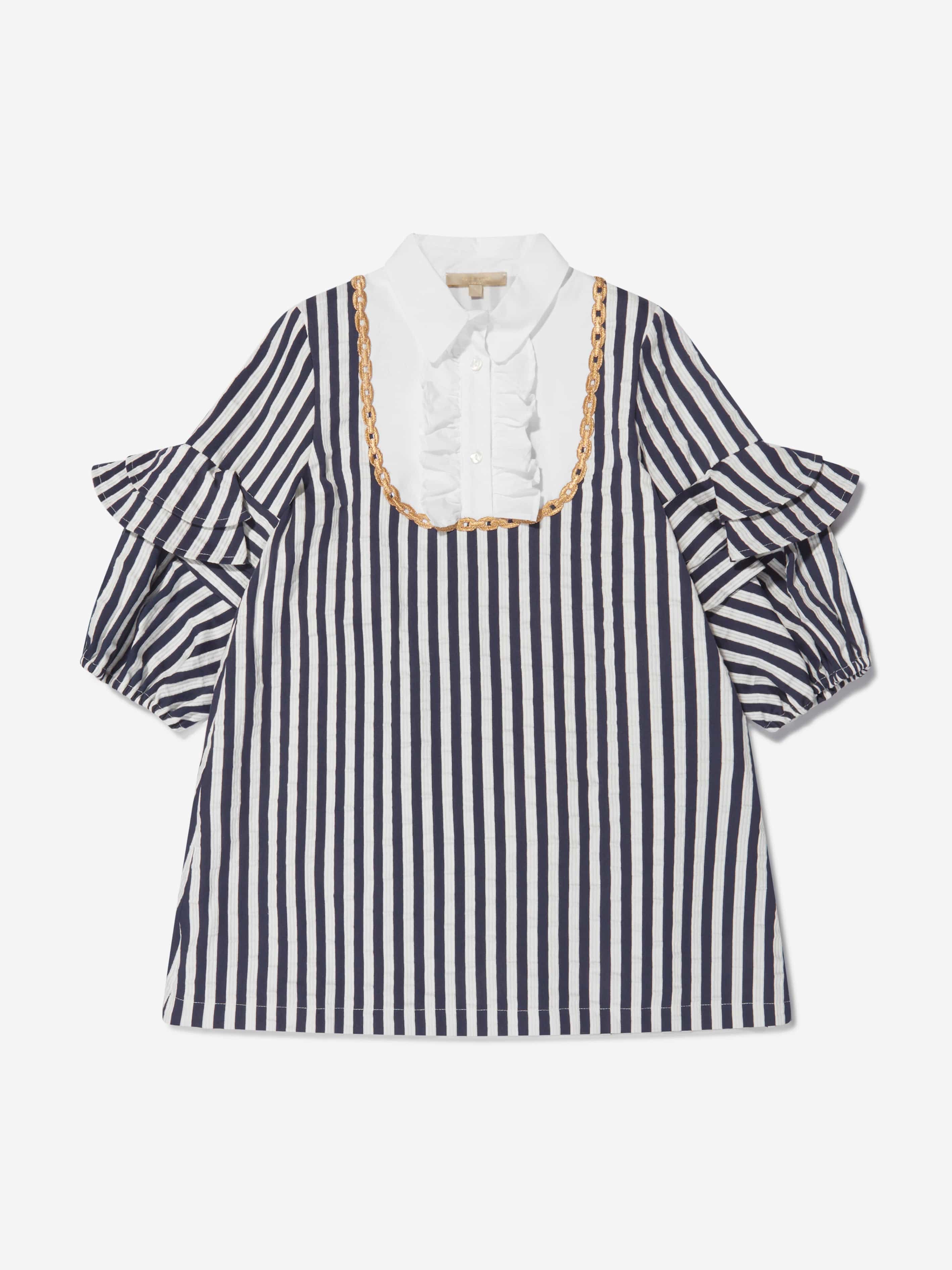 Elie Saab Girls Cotton And Silk Striped Ruffle Trim Dress in Navy