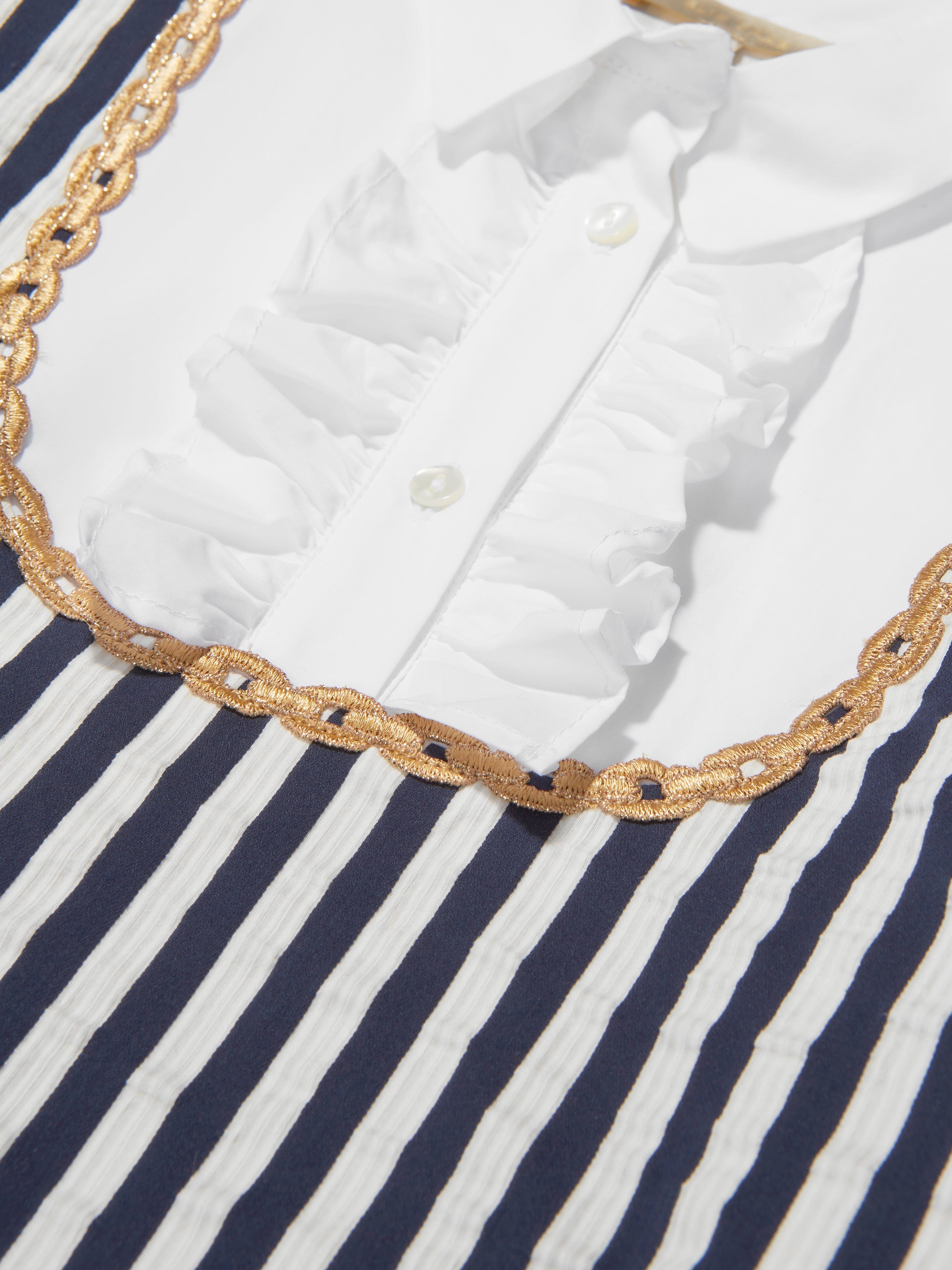 Elie Saab Girls Cotton And Silk Striped Ruffle Trim Dress in Navy