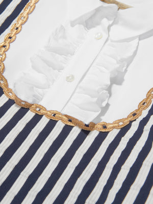Elie Saab Girls Cotton And Silk Striped Ruffle Trim Dress in Navy