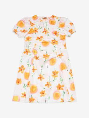 MARNI Girls Flower Print Poplin Dress in White