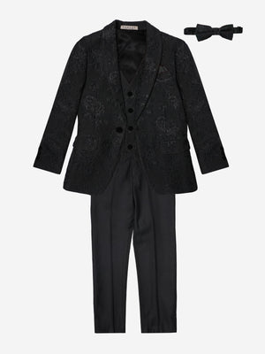 Romano Boys Shawl Collar Jacquard 3 Piece Suit in Black