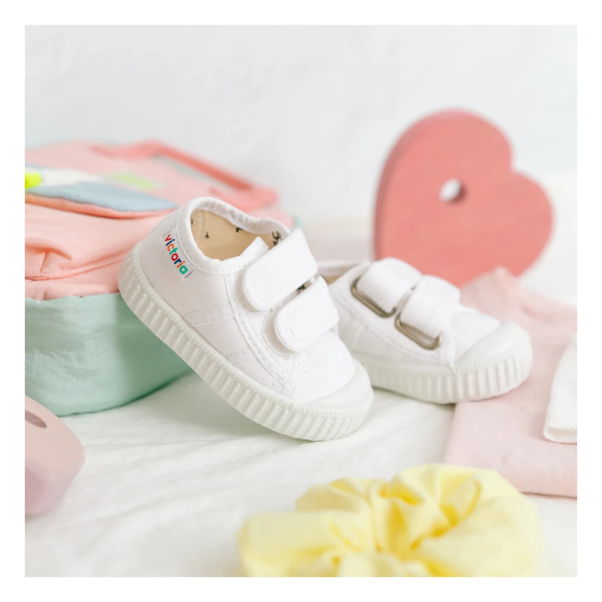 Victoria - Striped Canvas Velcro Sneakers | White