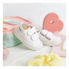 Victoria - Striped Canvas Velcro Sneakers | White