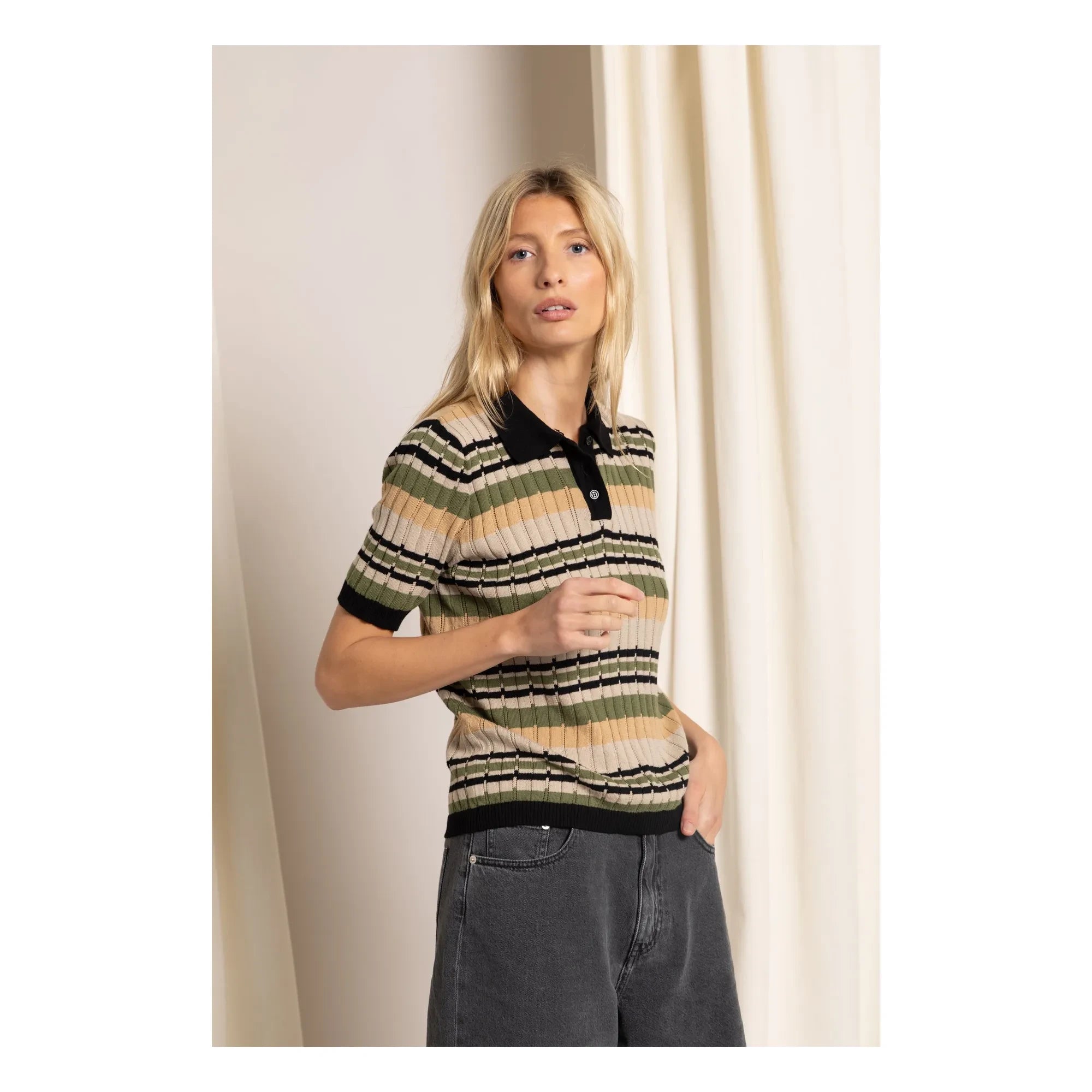 Smallable Woman - Selma Striped Polo Neck T-shirt | Iced Brown