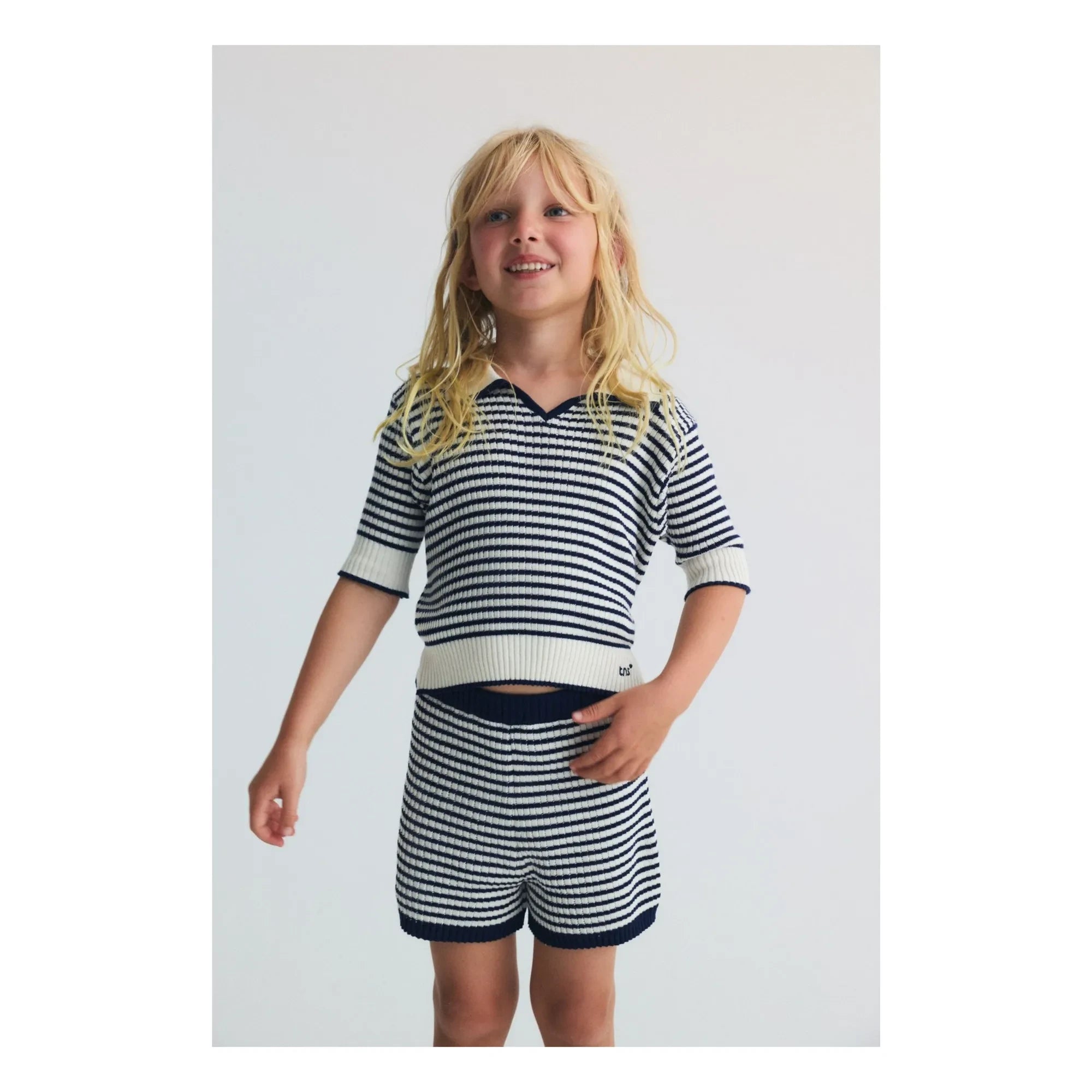 the new society - Striped Knit Polo T-Shirt | Navy Blue