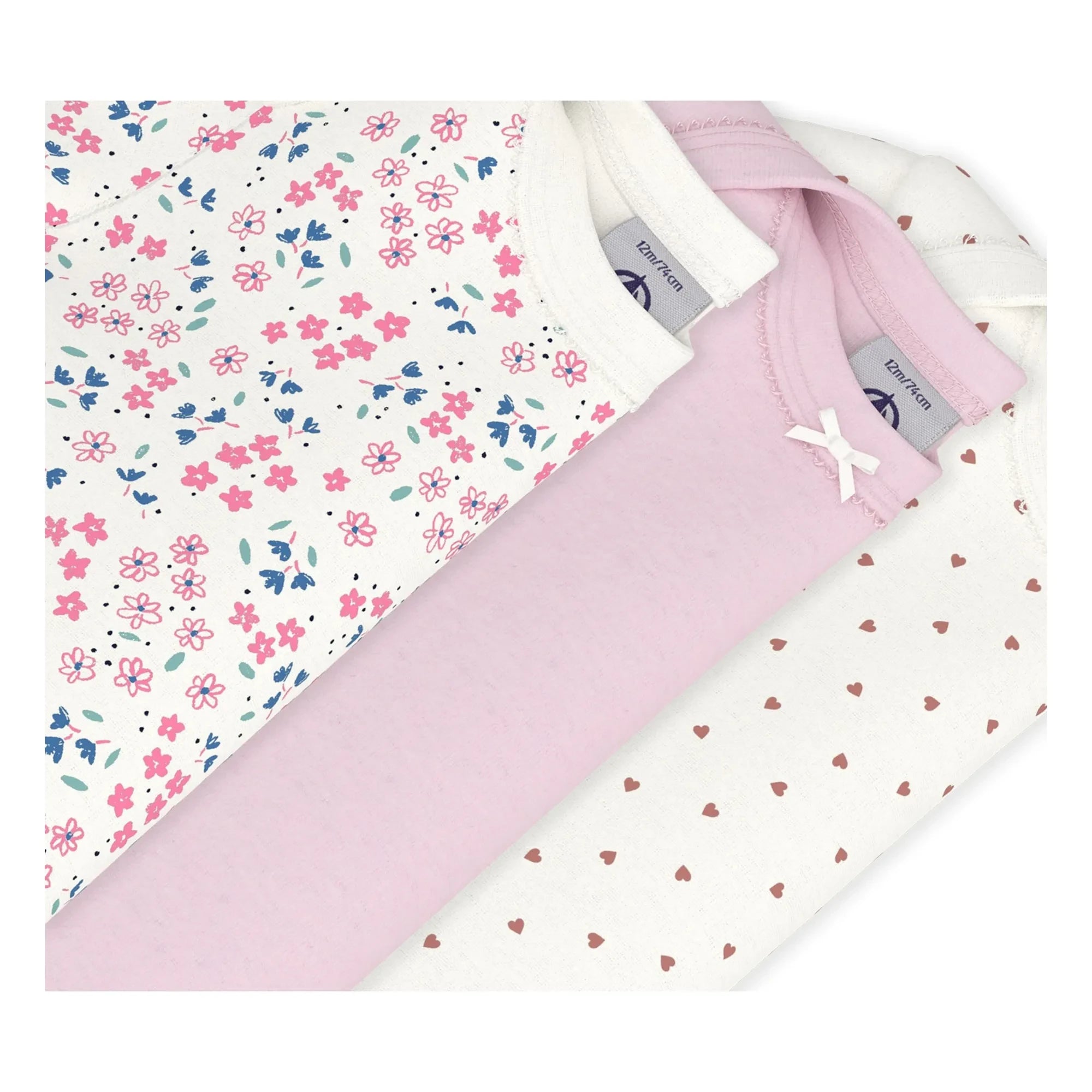 Petit Bateau - 3-Piece Floral Pattern Heart Romper Set Made of Organic Cotton | White