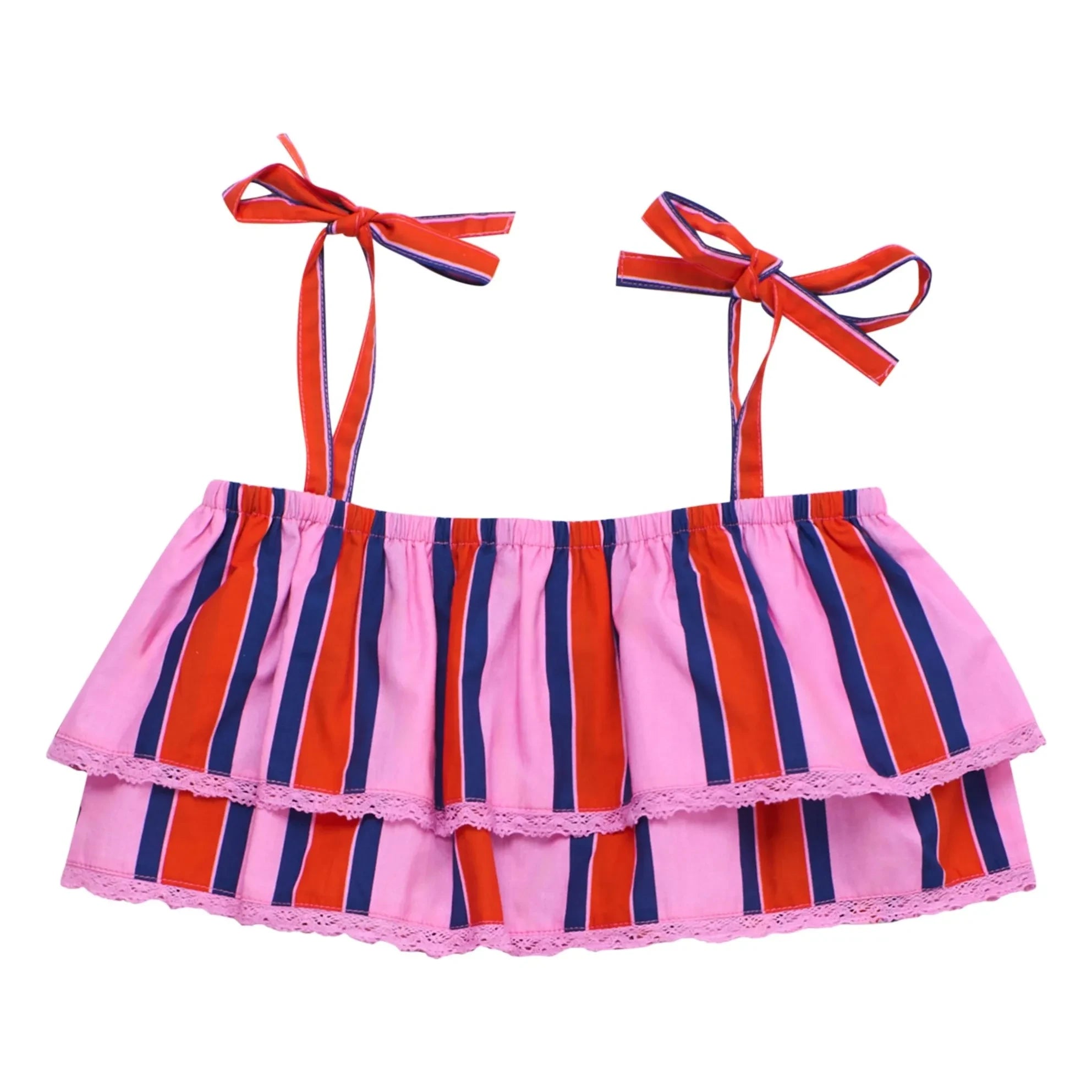 Maison Mangostan - Striped Ruffle Crop Top | Pink