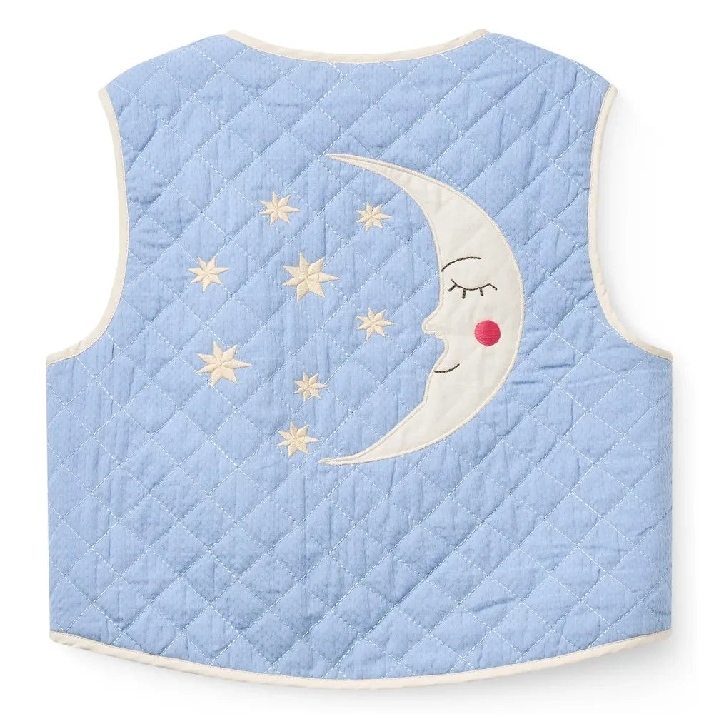 Copenhagen Colors - Moon Embroidered Organic Cotton Quilted Sleeveless Vest | Light blue