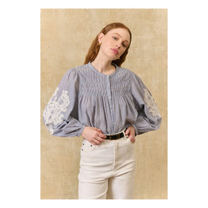 Louise Misha - Jally Striped Organic Cotton Blouse | Blue