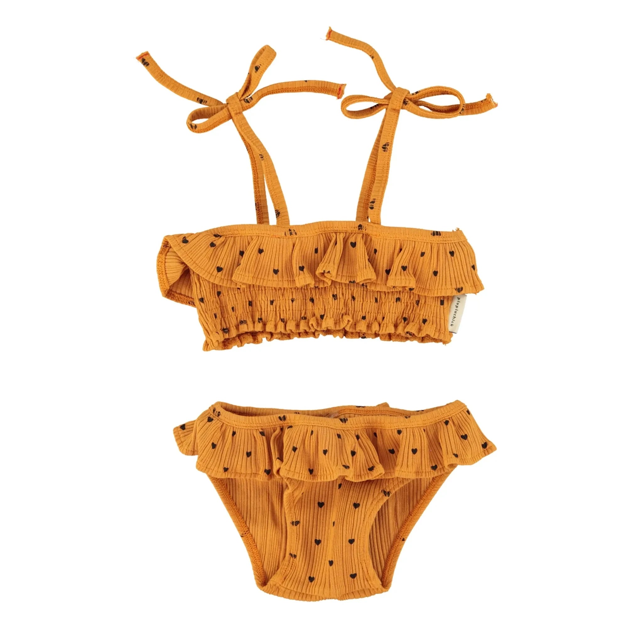 Piupiuchick - 2-Piece Ribbed Swimsuit with Organic Cotton Hearts | Camel