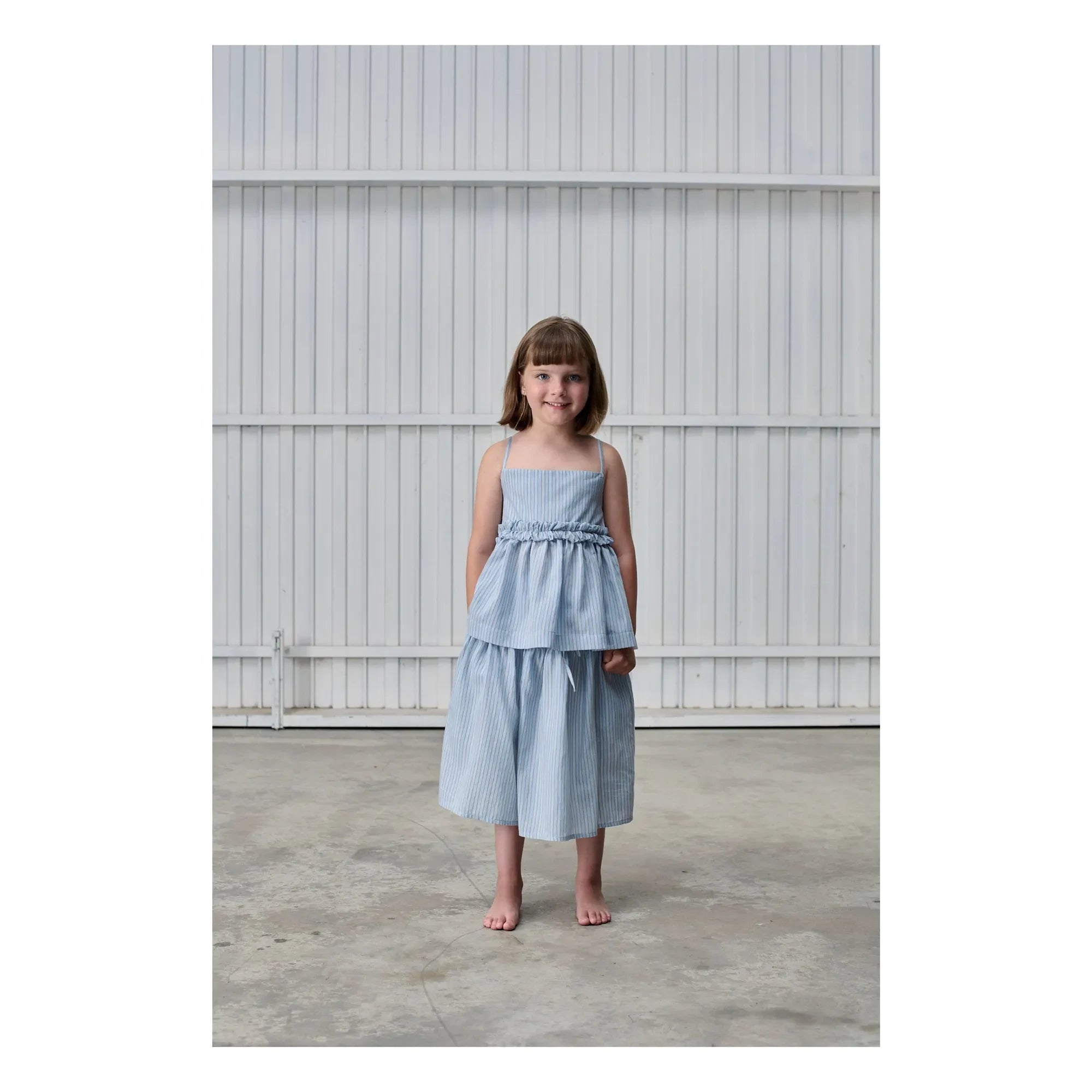 Tangerine - Striped Ruffle Top | Pale blue