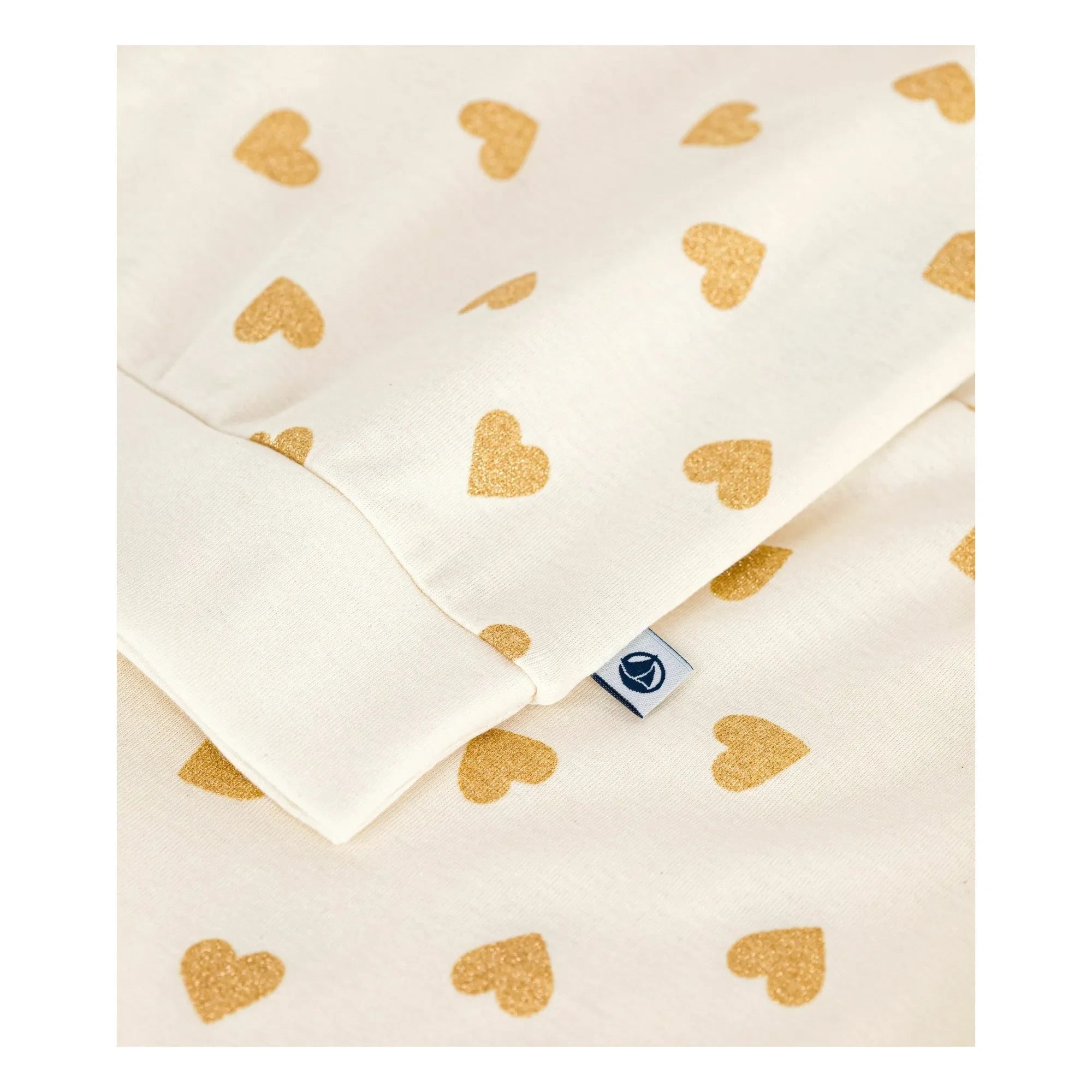 Petit Bateau - Organik Pamuklu Düz Pijama Takımı, Pul Payetli Kalpler | Ekru