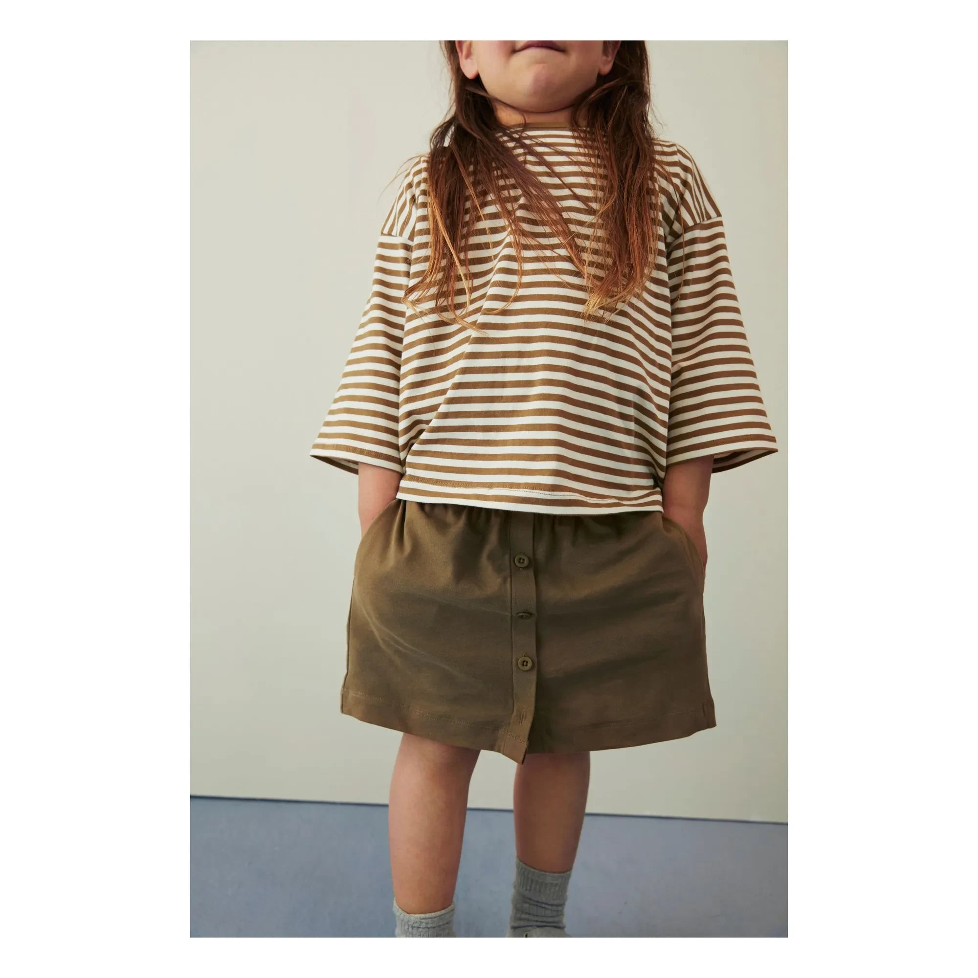 Gray Label - 3/4 Sleeve Striped Organic Cotton T-Shirt | Khaki Brown