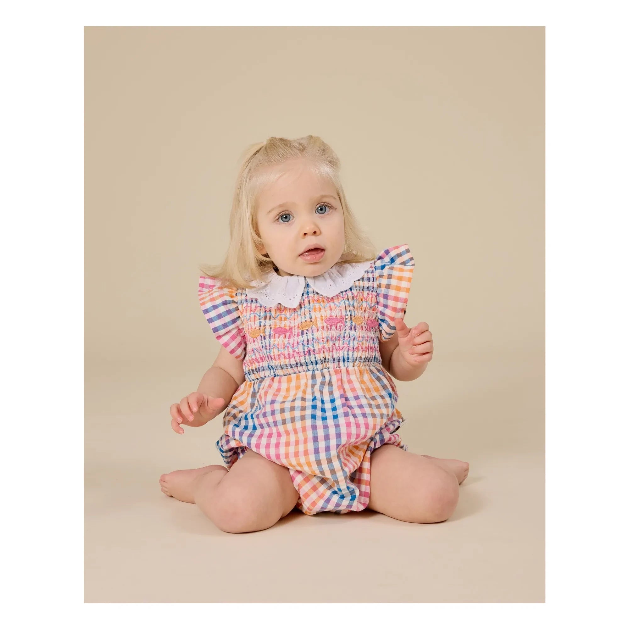 Goldie + Ace - Gathered Checkered Romper | Blue
