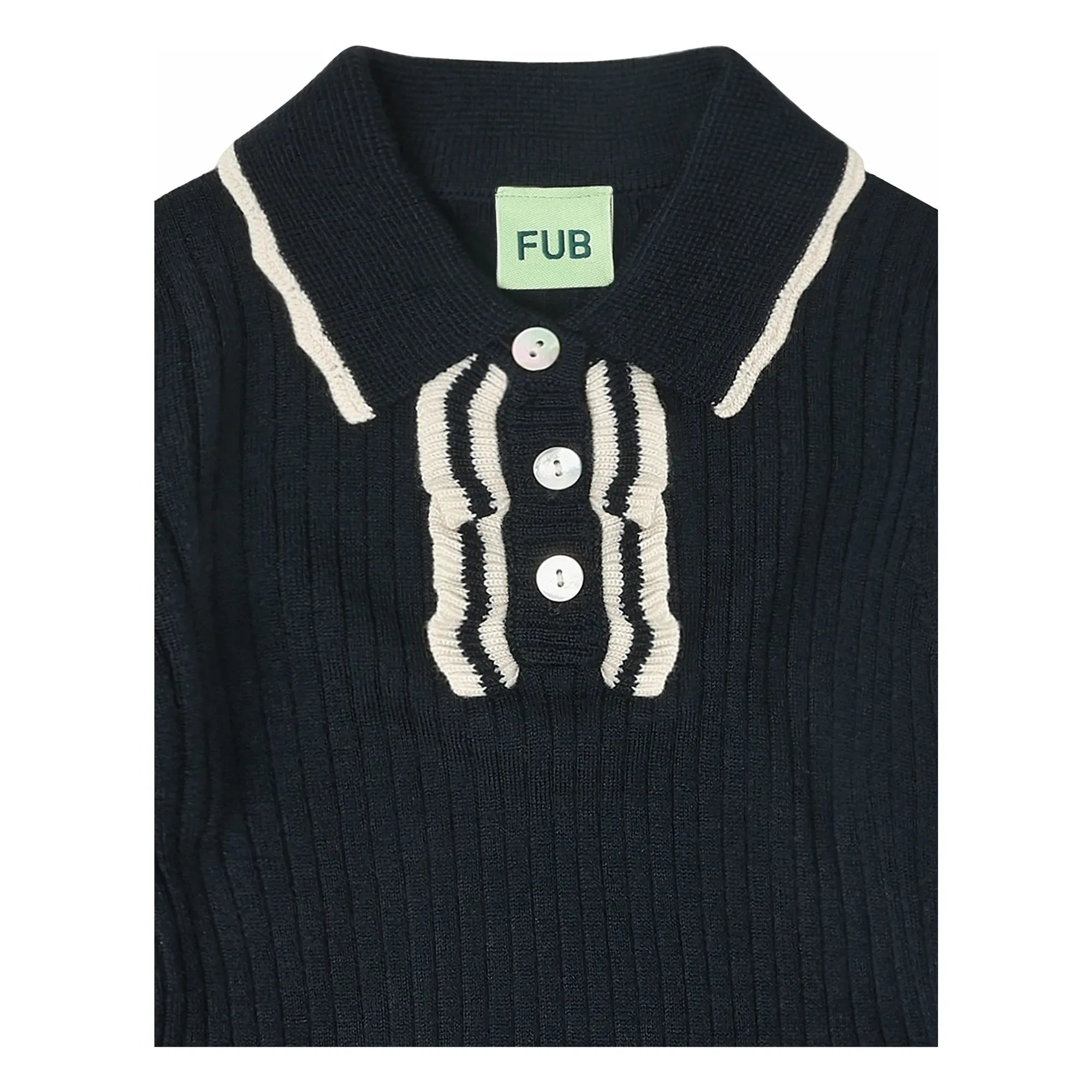 FUB - Cotton Polo Neck Knit Merino Wool Ruffles | Navy Blue